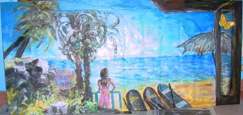 una ninfa all'alba, olio,polvere argento, tessuto 120x70,